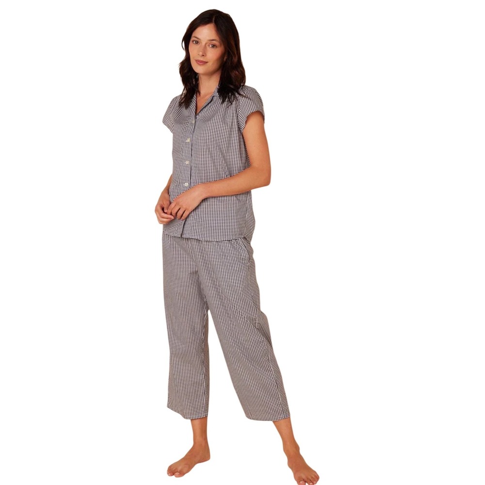 The Cat's Pajamas Classic Gingham Luxe Pima Capri Pajama Set XS Blk/White